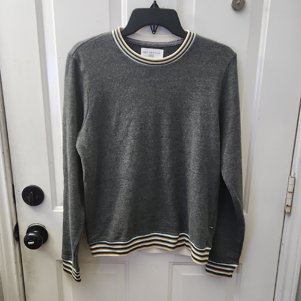 Sol Angeles Gray Charcoal Marigold Stripe Trim Lounge Sweatshirt Pullover Medium